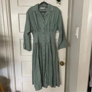 Vintage 90s Boussac de Paris Sage Green Cotton Maxi Dress French Label